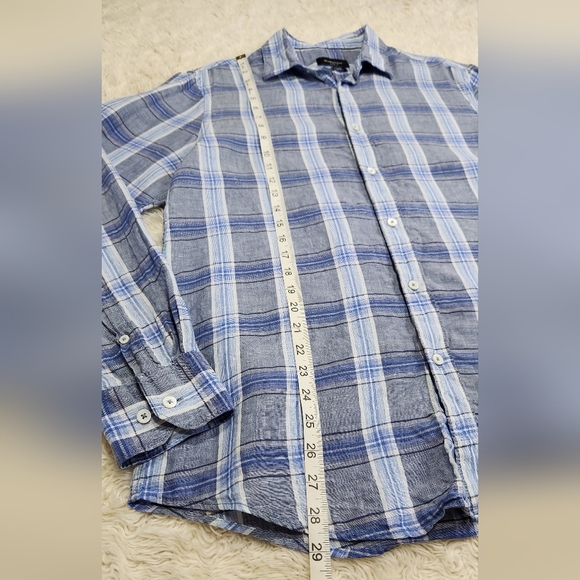 Bugatchi Julian Plaid Check Linen Shirt BS5276L4S Denim Blue Mens Sz Med - Picture 6 of 11